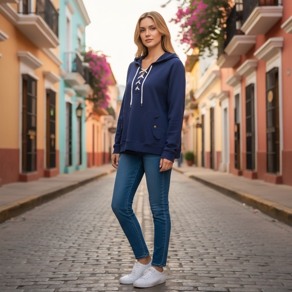 Lauren Ralph Lauren Preppy Navy Lace-Up Fleece Hoodie Casual Athleisure Small - Picture 2 of 6